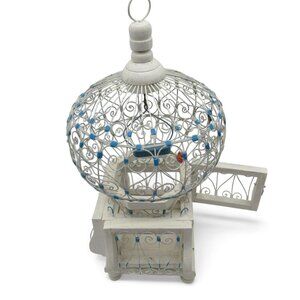 BIRDCAGE French Moroccan DECORATIVE White Wooden Wire Detailing And Blue Accents